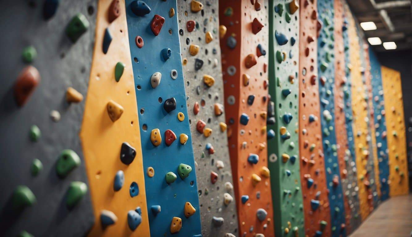 A beginner rock climbing wall with colorful holds and safety mats below