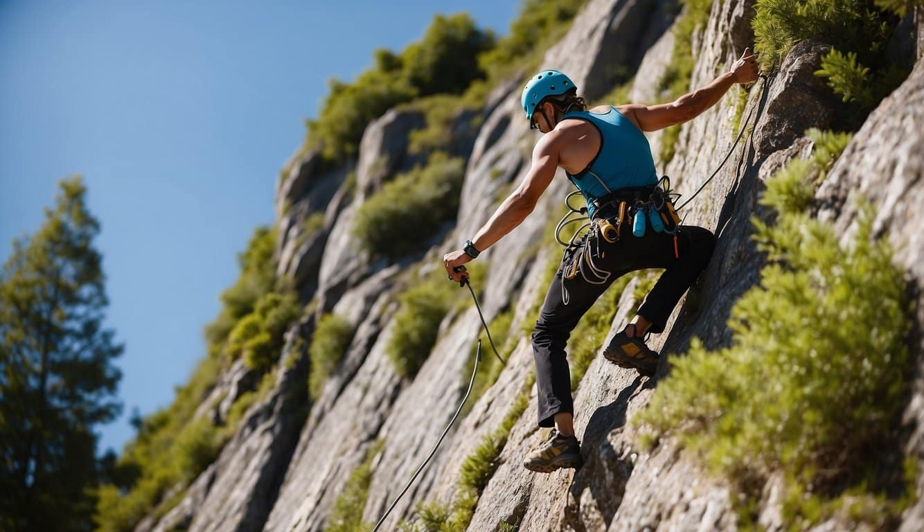 A climber scales a rugged rock wall, surrounded by lush greenery and a clear blue sky