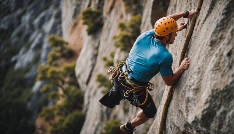 A climber tackling various training exercises on a rock wall, including bouldering, traversing, and rope climbing