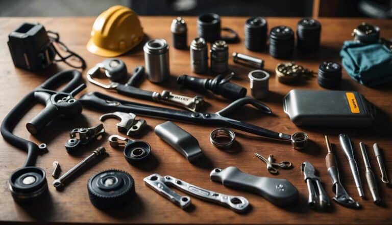 A table with climbing gear laid out for maintenance. Brushes, lubricant, and tools are arranged neatly