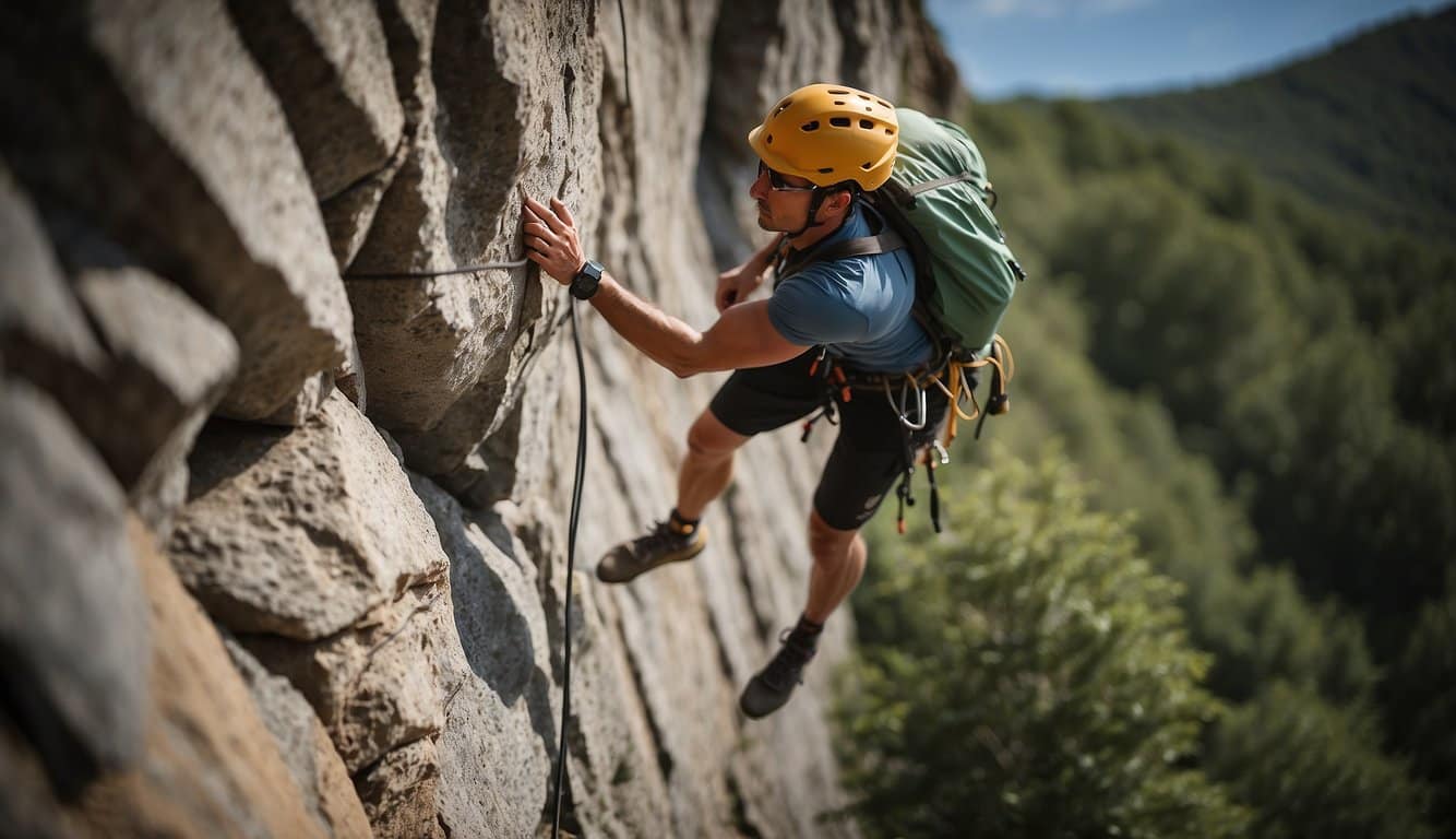 A climber carefully navigating a rocky wall, avoiding potential hazards to prevent injuries