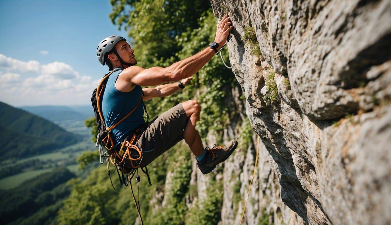 A climber ascending a rocky cliff in Germany, surrounded by lush greenery and a clear blue sky