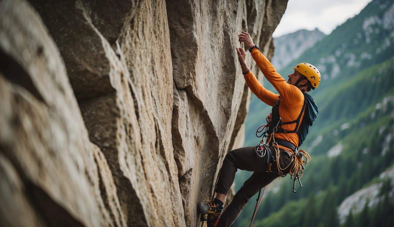 A climber tackles a challenging boulder problem while another climber ascends a steep rock face with quickdraws