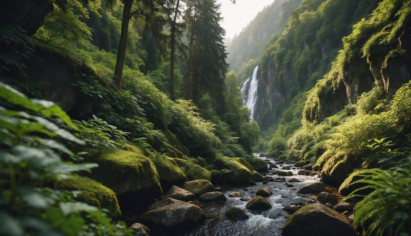 A lush forest with climbers ascending a rocky cliff, surrounded by diverse wildlife and clear streams