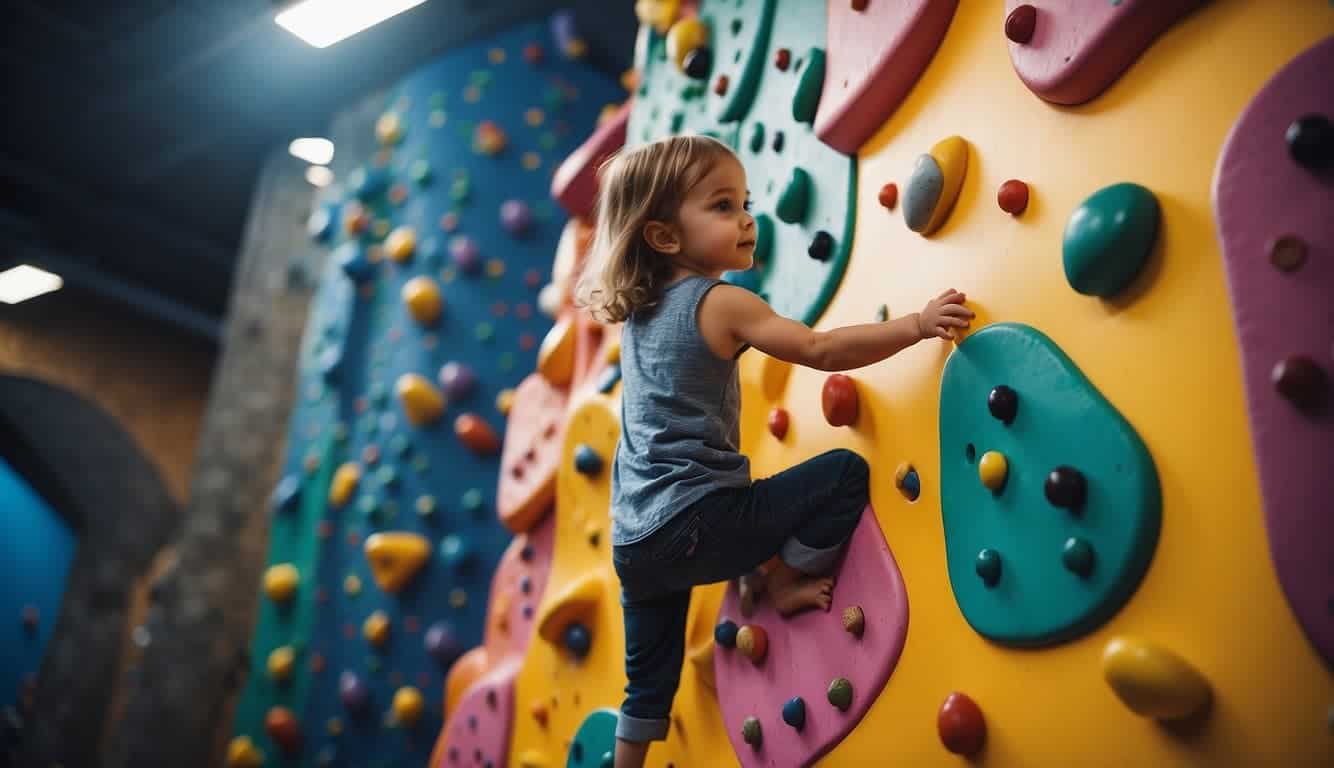 Children climbing colorful rock wall at an indoor playground