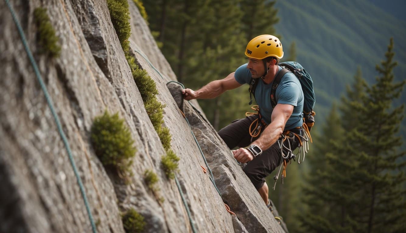 A climber reaches for the next hold on a steep rock wall, with ropes and safety gear visible in the background