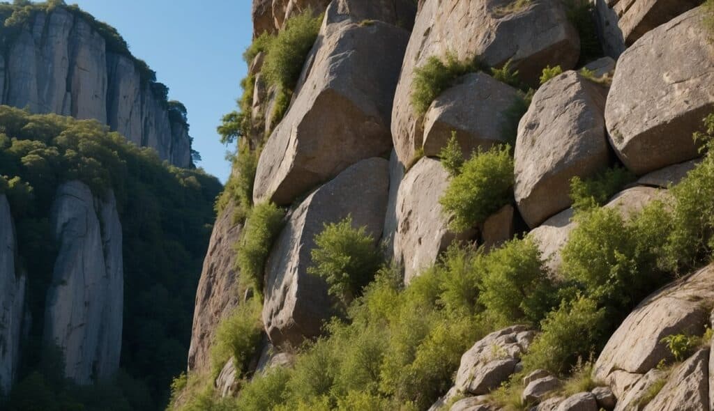 A rocky cliff with various handholds and footholds, surrounded by lush greenery and a clear blue sky