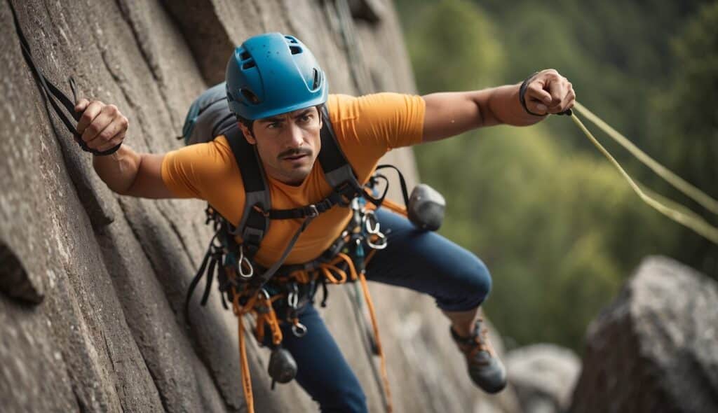 A beginner climber tackles a rock wall with determination, using proper techniques and safety equipment