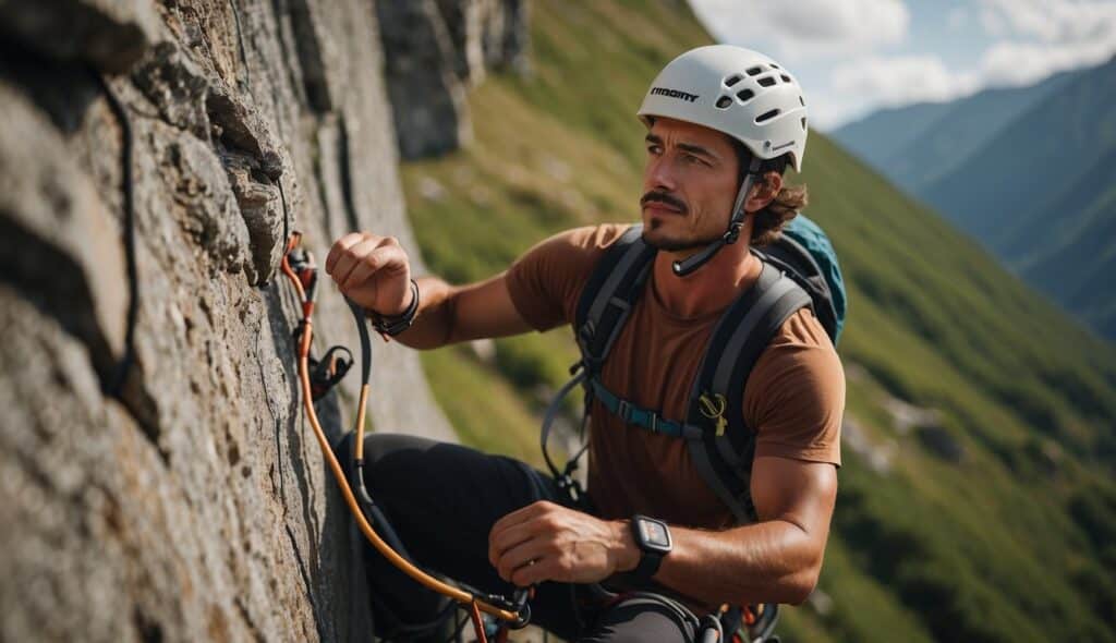 A beginner climber mentally and physically prepares for the ascent, checking equipment and visualizing the route ahead