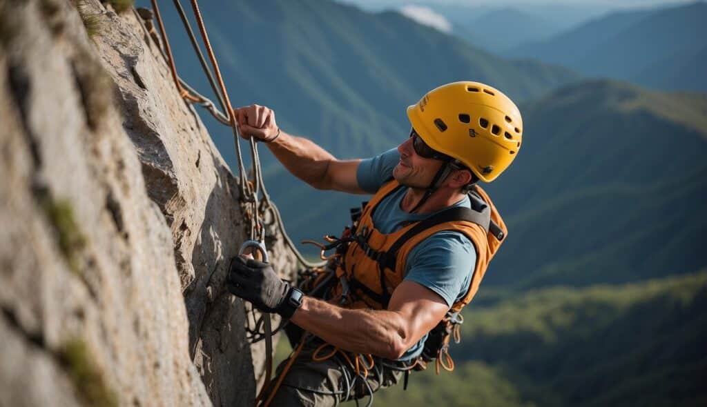 A climber scales a rugged rock face using modern equipment and techniques, showcasing the evolution of mountaineering history