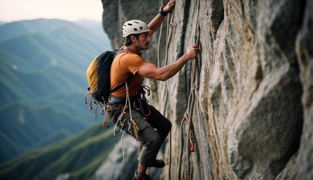 A climber scaling a rocky cliff, surrounded by ropes and gear. A historical timeline of climbing equipment and techniques in the background