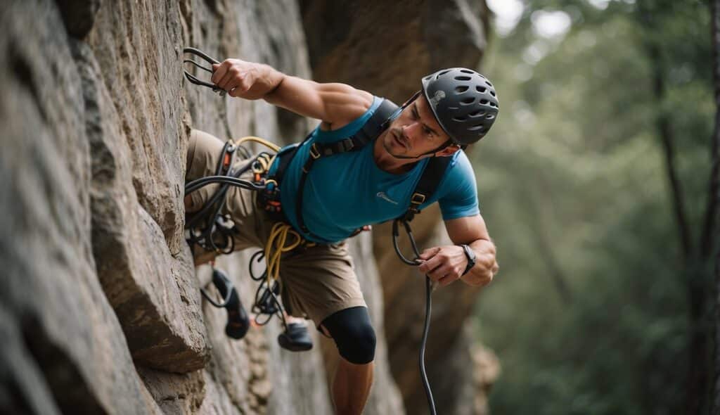 A climber tackles a challenging rock wall, utilizing various training exercises to improve their skills