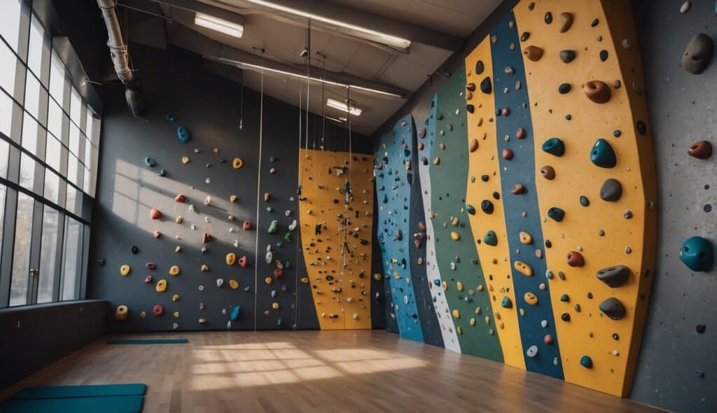 A rock climbing wall with various holds and ropes, surrounded by exercise equipment and mats for training and rehabilitation