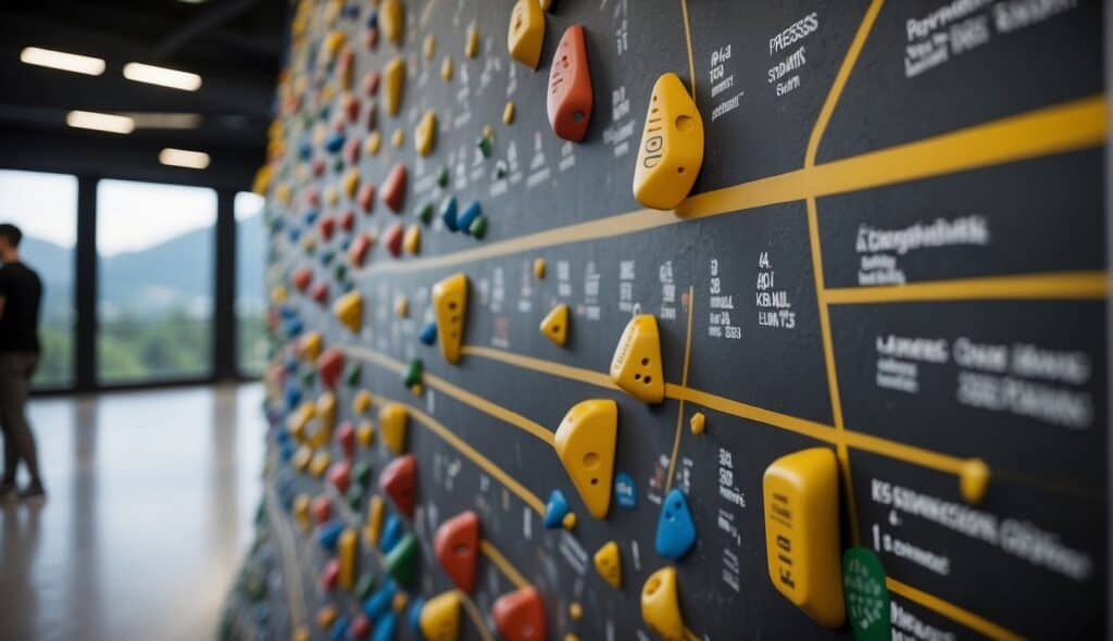 A climbing wall with labeled training exercises and a schedule chart for tracking progress