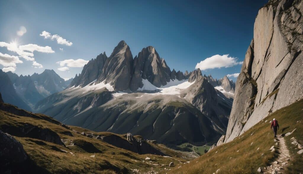 Spectacular alpine climbing areas with towering peaks and jagged rock formations, set against a backdrop of breathtaking mountain scenery