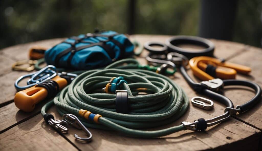 A table with climbing gear laid out for maintenance. Rope, carabiners, and harnesses are neatly arranged on the surface