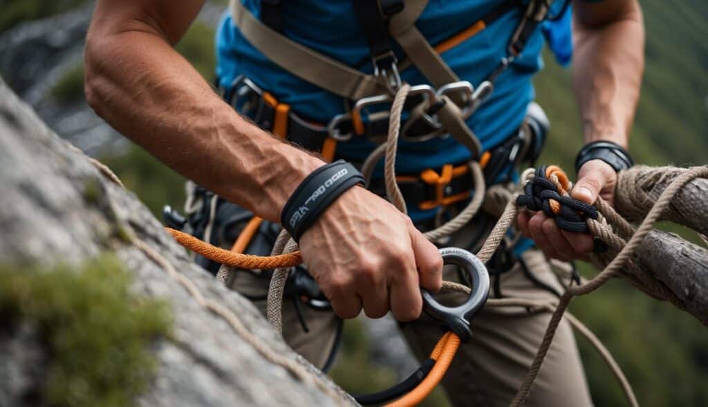 A climber securely ties a rope to a harness, checking for any frays or damage to avoid potential injuries while climbing