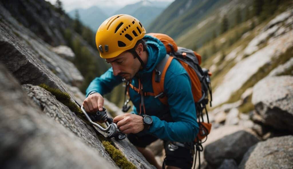 A climber carefully inspecting and maintaining their gear to prevent injuries during a climbing expedition