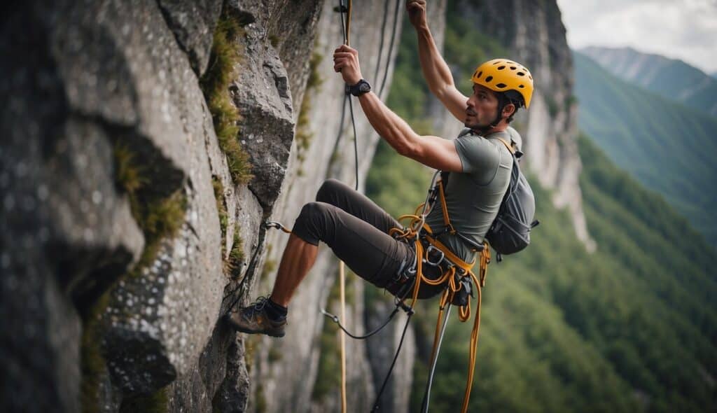 A climber training with specialized equipment to prevent injuries while climbing