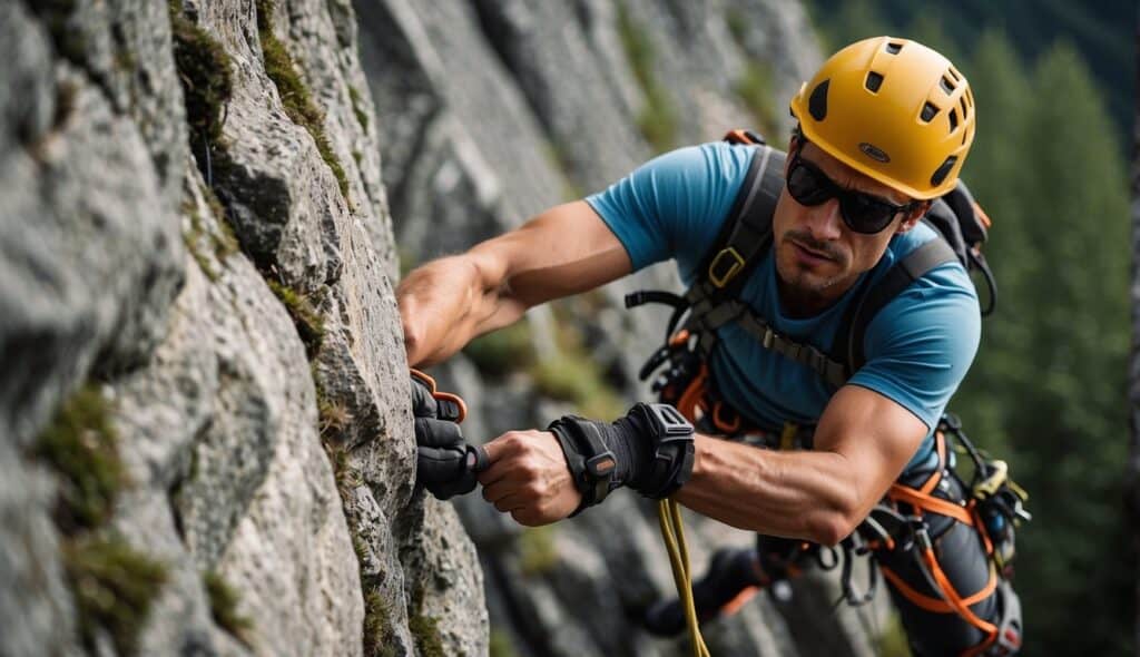 A climber with safety equipment scaling a rocky crag in Germany