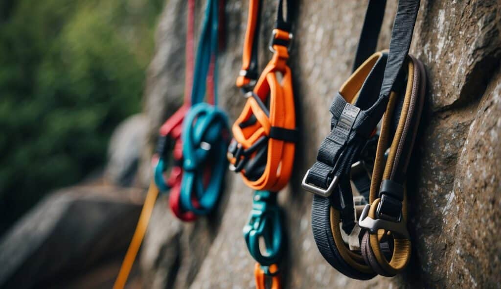 A bouldering wall and climbing harnesses contrast with sport climbing gear