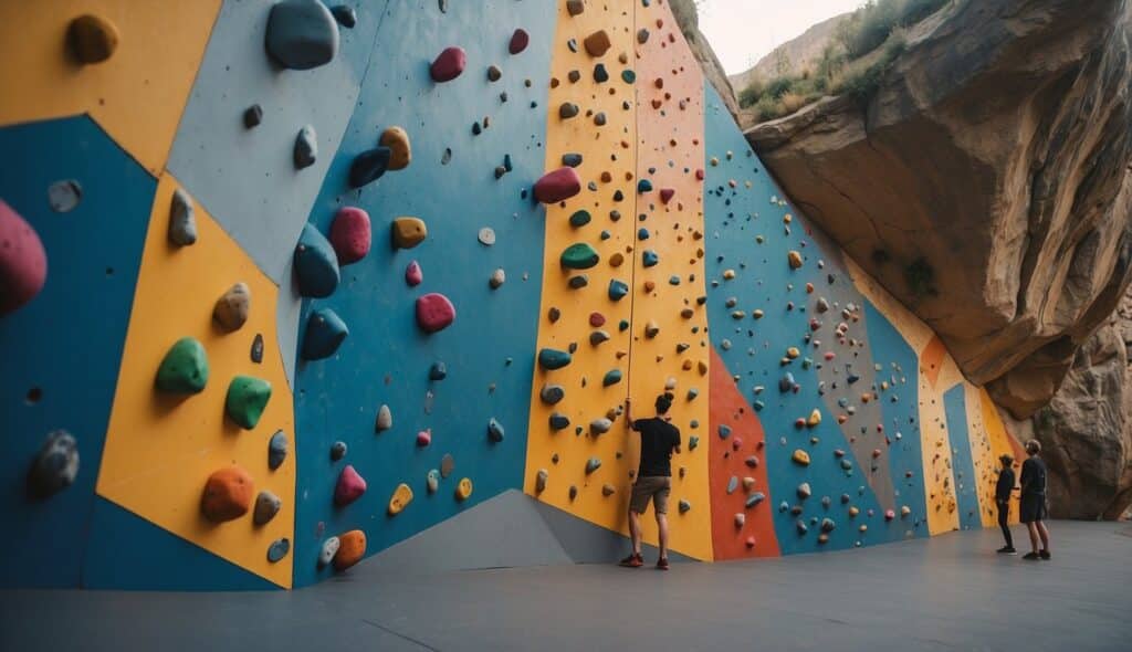 A bouldering wall next to a sport climbing route, with colorful holds and ropes. The bouldering area is marked with difficulty grades, while the sport climbing route has numbered holds