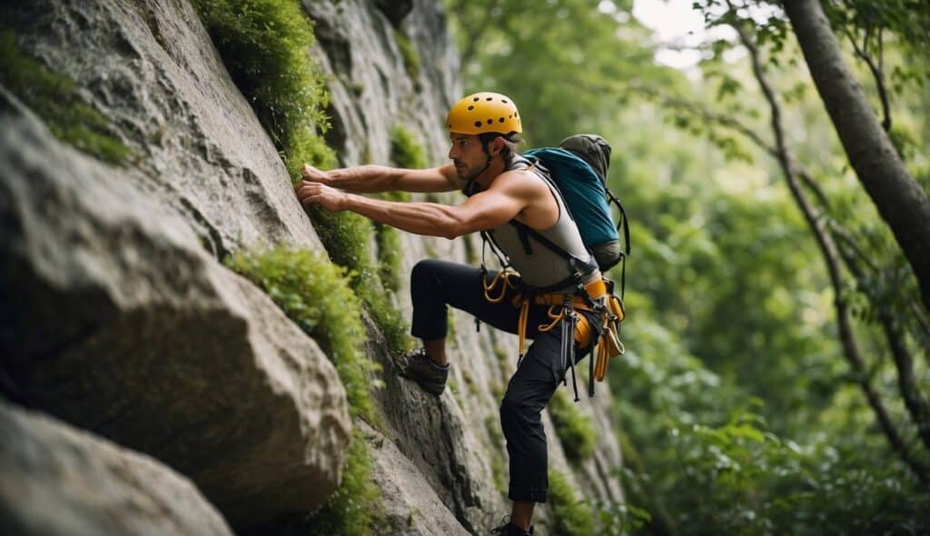 A climber carefully navigating a rocky cliff, surrounded by lush greenery and wildlife, with a focus on preserving the natural environment