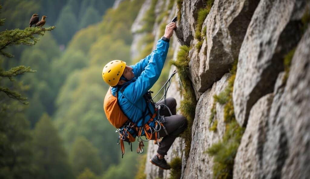 A climber carefully avoids disturbing nesting birds on a rocky cliff, demonstrating the harmony between nature conservation and climbing