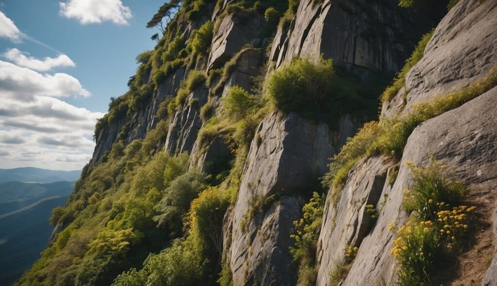 A rocky cliff face with lush greenery and wildlife, showcasing the harmony between climbing areas and environmental conservation