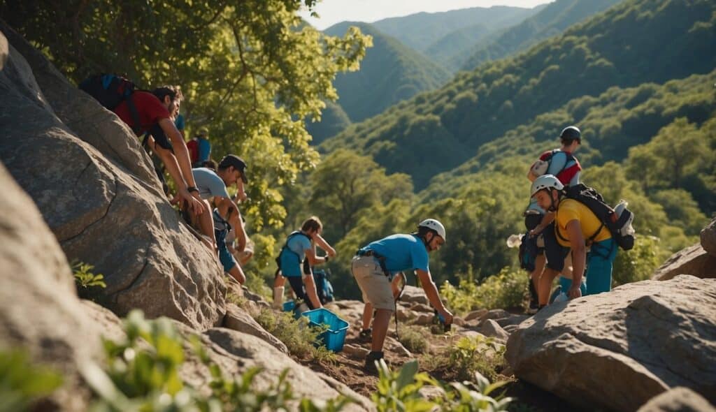 A group of climbers carefully picking up trash and recycling materials at the base of a rocky cliff, surrounded by lush greenery and a clear blue sky