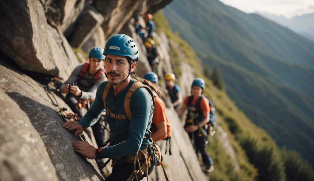 A group of young climbers learning the basics on a rock wall, with safety gear and an instructor guiding them