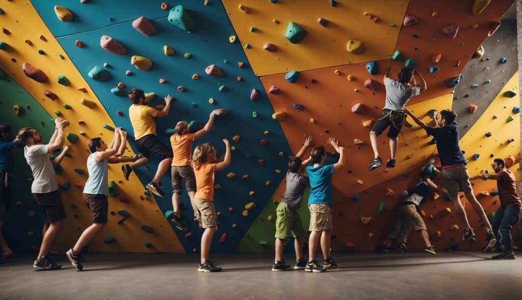 A vibrant climbing wall with colorful holds and ropes, surrounded by a group of enthusiastic young climbers in a community youth climbing setting