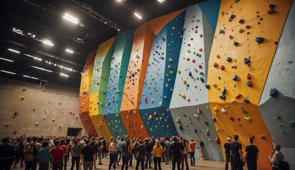 A climbing wall with various routes marked by colored holds and ropes, surrounded by spectators and judges